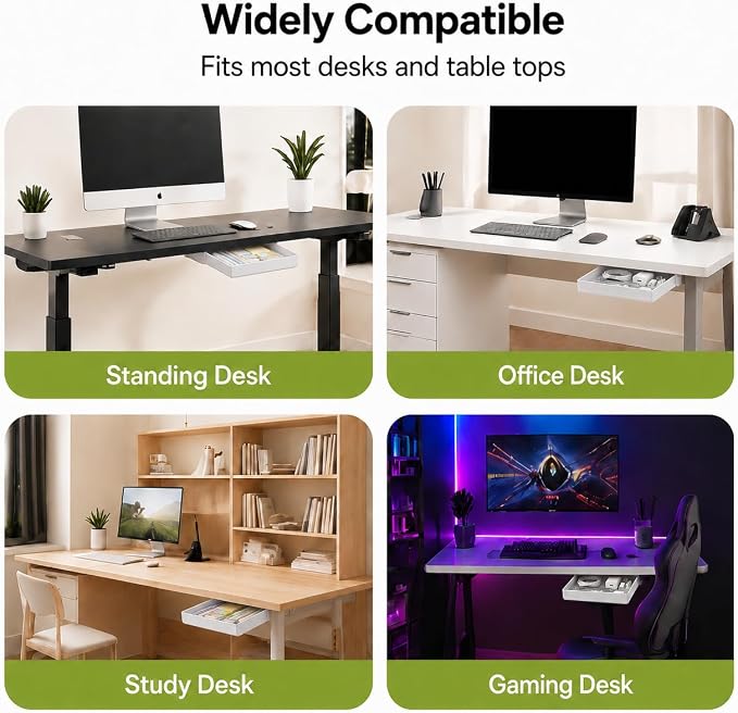 YOOUSOO Under Desk Drawer Organizer, 2 Pack Self Adhesive Slide Out Desk Storage Drawers, Hidden Desk Drawer Attachment for Pens, Notes, Earbuds, Cables and Small Office Accessories, White