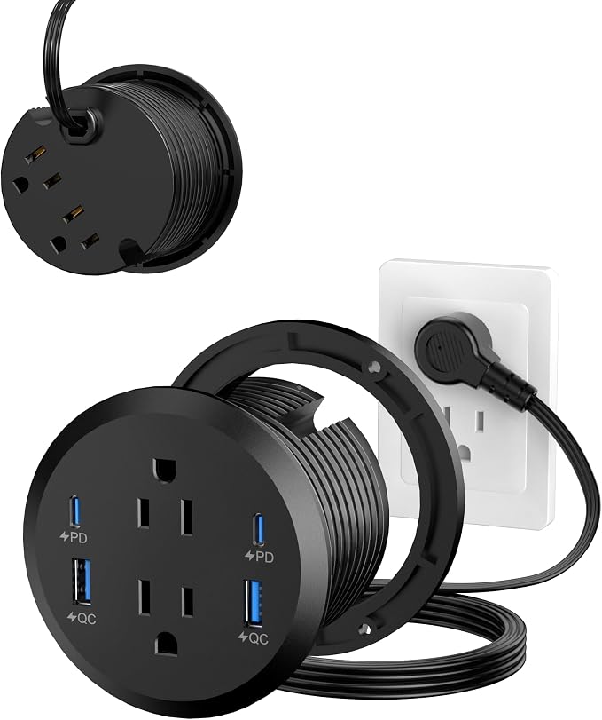 Jgstkcity Power Strip,Flush Mount Recessed Power Grommet,65W USB C Fast Charging,3-Inch Hole, 4 Outlets & 4 Ports, Ideal for Desktop & Countertop Outlet,Dual-Sided (Black, 6FT)
