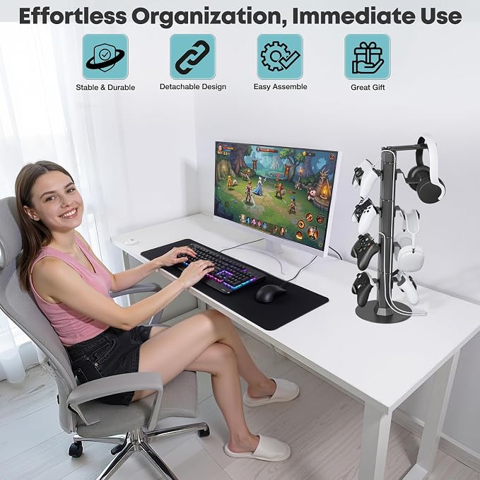 Controller & Headset Holder Stand for Desk, with Charger Cable Organizer Headphone Stand for PS5/ Xbox/ PS4/ Switch, Metal Base Controller Hanger Hook for Storage Earphones, Game Console, Mobile Phone