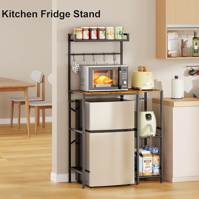 Mini Fridge Stand with Storage Shelves, Kitchen Bakers Rack, Coffee Bar, Microwave Oven Stand, Wine Cabinet, Refrigerator Stand with 5 Lockable S Hooks for Dorm, Apartment, Living Room, Office