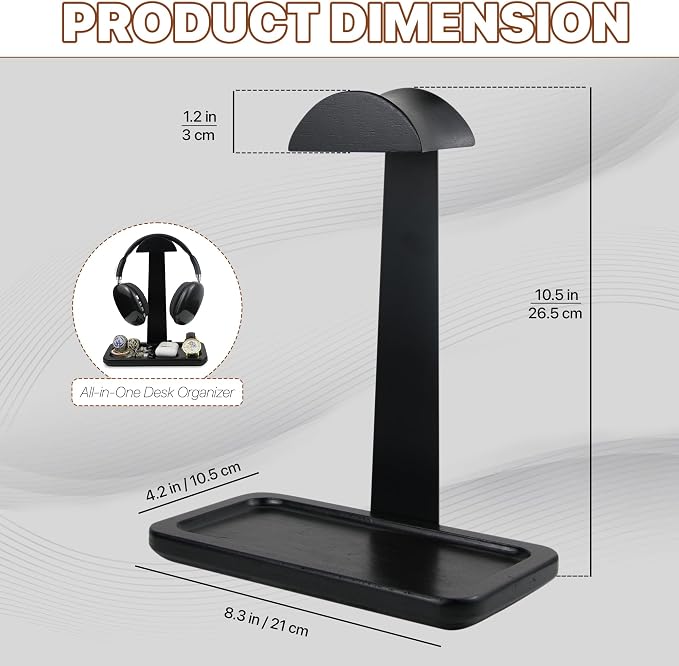 Gift for Men Headphone Stand with Storage Base, Stylish Headset Holder Gamer Gifts for Gaming & Desk to Keep Accessories Organized, Unique Gifts for Teenage Boy Brother on Birthday (Black Wood)