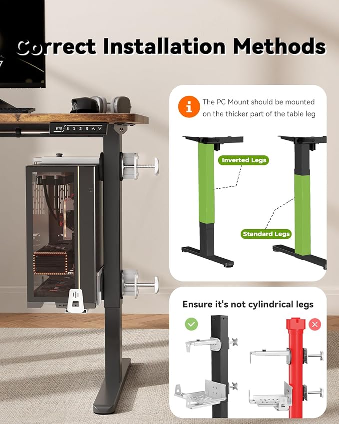 JOY worker No Drilling Under Desk PC Mount for Standing Desk, Clamp-On Desk Leg Computer Mount with Extra Protective Arms, Adjustable Computer Case CPU Holder Holds Up to 44lbs, White