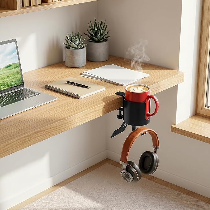 MYITYARD 3 in 1 Desk Cup Holder Clamp, Clip On Table Cup Holder with Headphone Hook & Power Strip Holder, Rotatable Water Bottle Drink Coffee Mug Organizer, Gaming Accessories for Home and Office