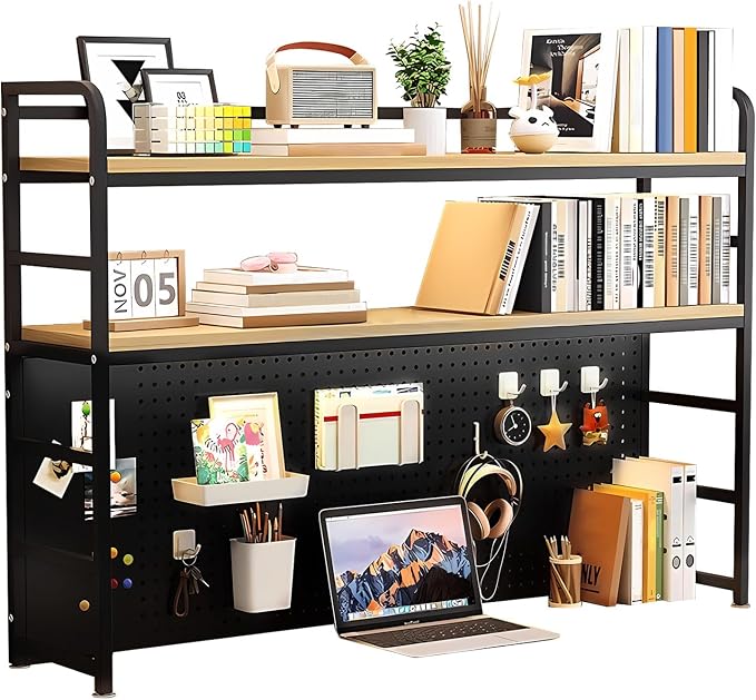 2-Tier Desktop Bookshelf Hutch - Metal Desk Shelf Bookcase with Desk Pegboard Countertop Storage Organizer Rack for Dorm or Office (B, 70cm/27.5in)