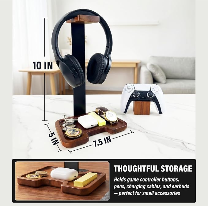 Gaming Equipment Headset Stand with Game Controller Holder & Storage Base, Stylish Gamer Gifts for Men Teenage Boy Headphone Stand, Unique Gifts for Gamers to Organize Gaming Accessories (Brown Wood)
