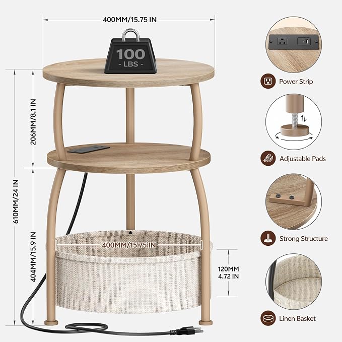 Round Side Table with Power Outlets, Type-C, 15.75 in Small Coffee Table with Basket, Space Saving End Table 3-Tier Bedside Corner Table Stand for Living Room, Bedroom, Garden Light Oak