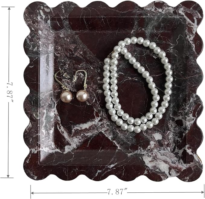 Vintage Natural Marble Tray Small Ornaments Scalloped Tray Handmade Storage Dish for Counter, Vanity, Dresser, Nightstand and Desk (Rosa Levanto)