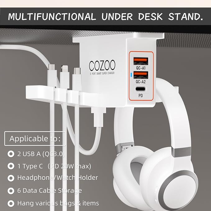 Under Desk Headphone Stand with 20W PD & QC3.0, 3-Port USB Charging Station, Dual Headset Holder & Watch Hook & Cable Organizer,Gaming Accessories, Desk Accessories for Men, Gifts for Gamers Teen Boys