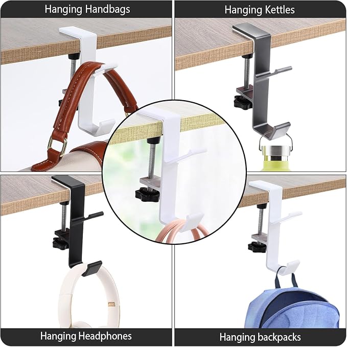 Desk Mount Bag Holder Hook Clamp,On Backpack Hanger Portable Desk Mount Headphones Holder for Reduce Desk Clutter Table Desk Table Hanging Storage (2 Black)