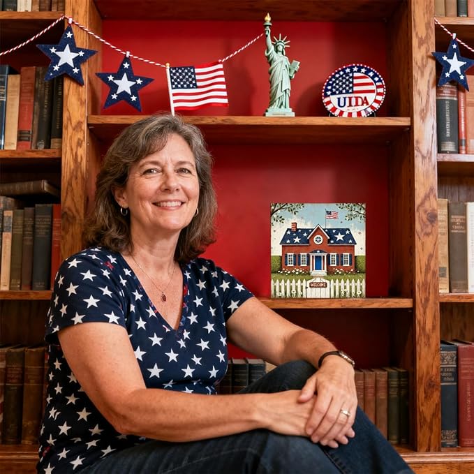 Patriotic Wooden Box Sign,Stars And Stripes House 4th Of July Signs Home Decor,Independence Memorial Day Block Sign for Desk Shelf Tabletop Decor