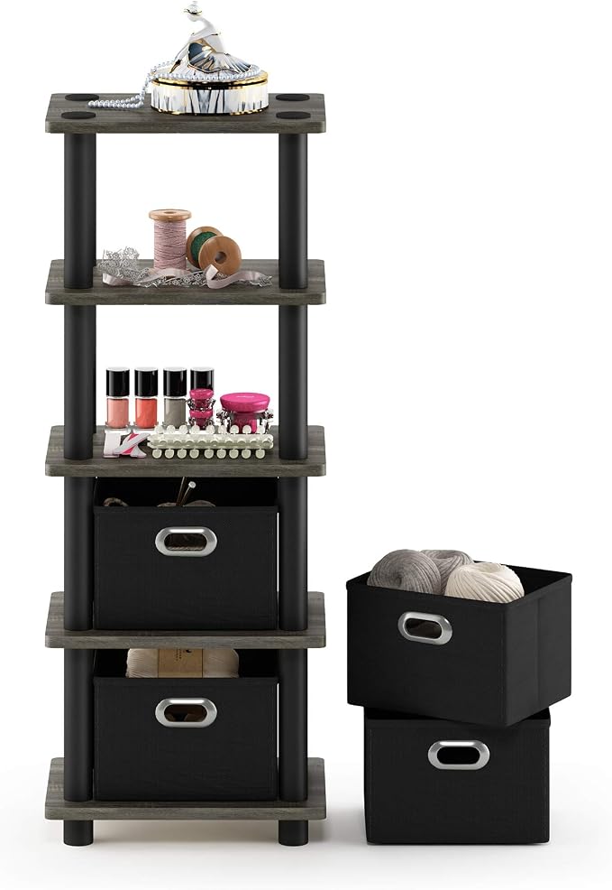 FURINNO Turn-N-Tube LACi 4-Bins System Rack, French Oak Grey/Black