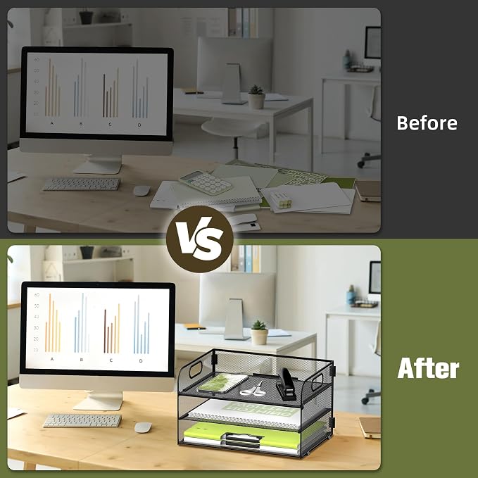 DALTACK 3 Tier Paper Organizer with Handle, Mesh Metal Desk Organizer with Sliding Paper Trays for Letter/A4 Paper, Mail, Bills & Folders, Black 2 Pack