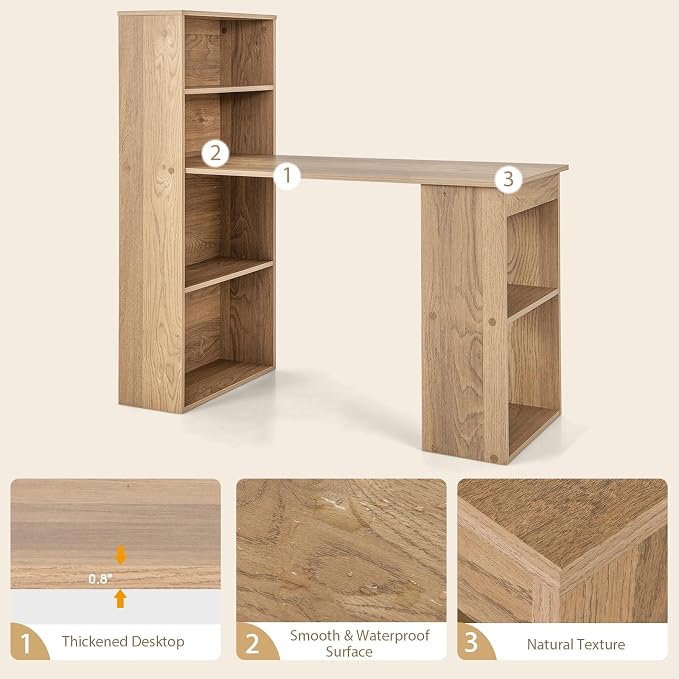 Tangkula Computer Desk with Bookshelf, Writing Study Desk with Storage Shelves & CPU Stand, Modern Compact Computer Workstation for Home & Office, Space-Saving Design(Natural)