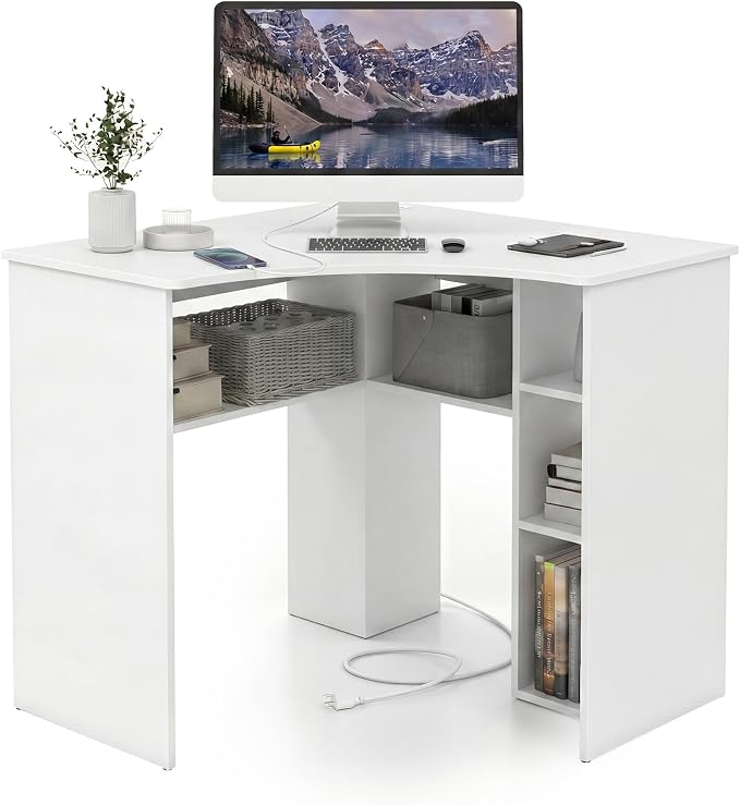 GOFLAME White Corner Desk with Charging Station, Small Corner Desk with Storage Shelves, Triangle Computer Desk, Study Writing Table for Home Office, Small Spaces
