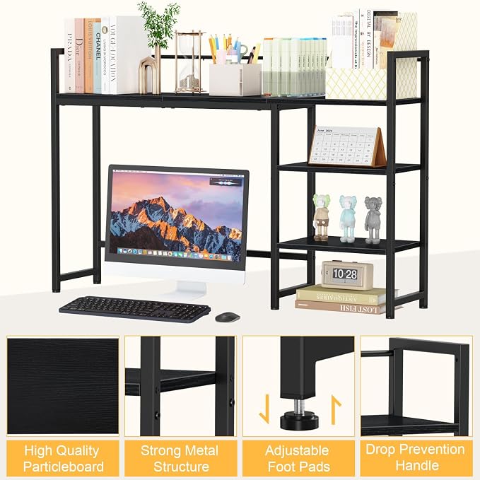 Snughome Desk Shelf, 44.9" Large Desktop Organizer Shelf, Desk Hutch for Monitor, 4 Tier Display Rack, Wooden Desktop Bookshelf Storage Rack for Home Office Dorm