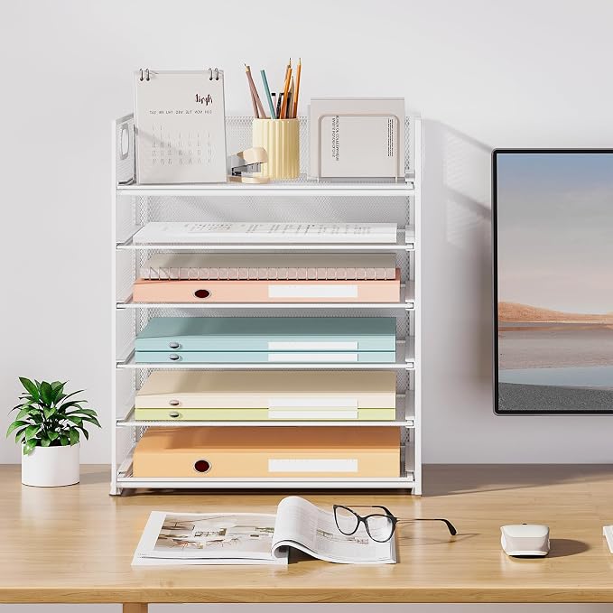 Subekyu 6 Tier Paper Organizer for Desk with Handle, Metal Mesh Desk Office File Folder Paper Letter Tray Accessories Organizer Sorter for Home, School, Office Desktop Document Organization - White