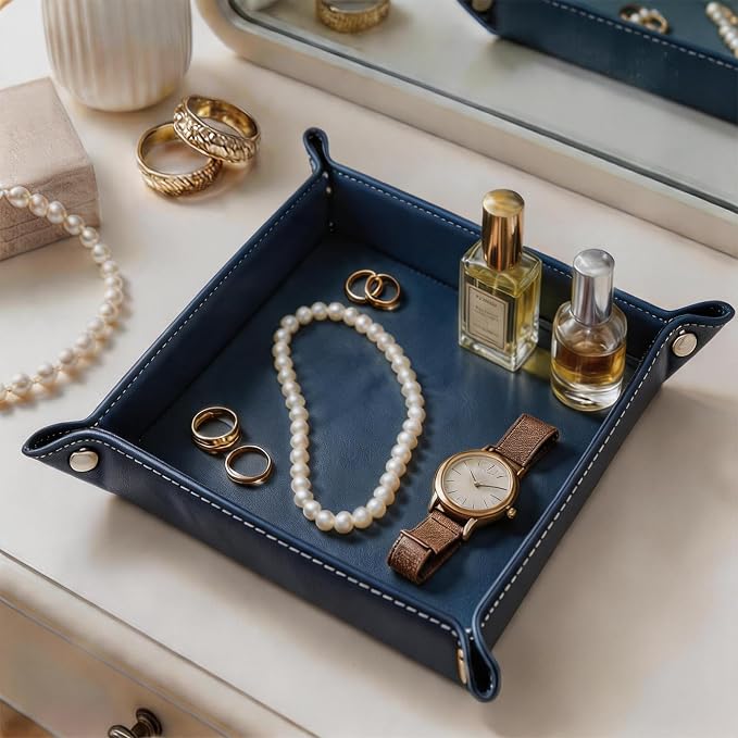 Valet Tray Desktop Storage Organizer – Vegan Leather Catchall Tray Bedside Vanity Tray Nightstand Caddy Holder for Remote Controller, Watch, Keys, Phone, Wallet, Coin, Jewelry, Navy