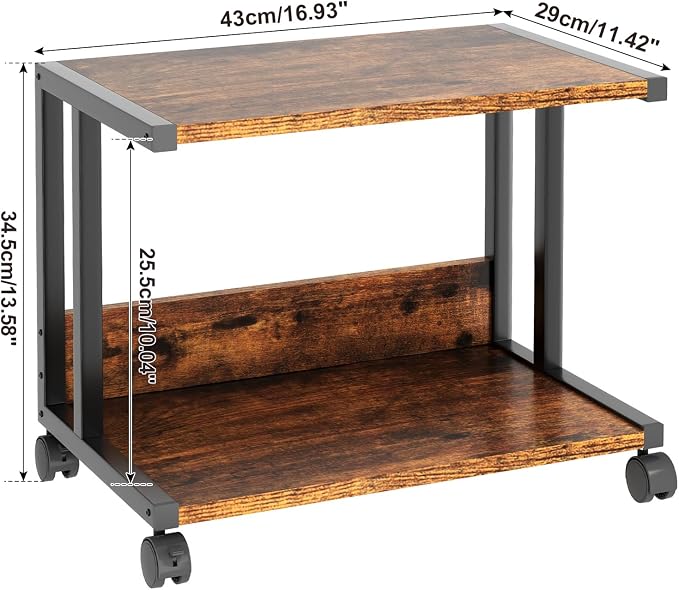 IBUYKE Under Desk Printer Stand,2 Tier Printer Cart,Mobile Home Desktop Organizer Shelf with 4 Wheels,for Fax, Home Office Use,Rustic Brown UTLJ007H