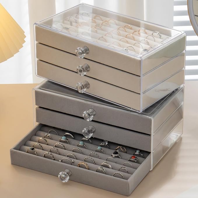 SPAKOWN Ring Box Display Holder, Clear Velvet Jewelry Storage Tray Organizer for Ring Stud Earring (Beige - 3 Drawers)