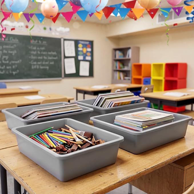 Hoteam 10 Pcs Flat Storage Organizer Tray Bin Paper Tray for Classroom Plastic Stackable File Organizer for School Office Teacher Book Organization(Gray,13.78 x 9.84 x 3.15 Inch)
