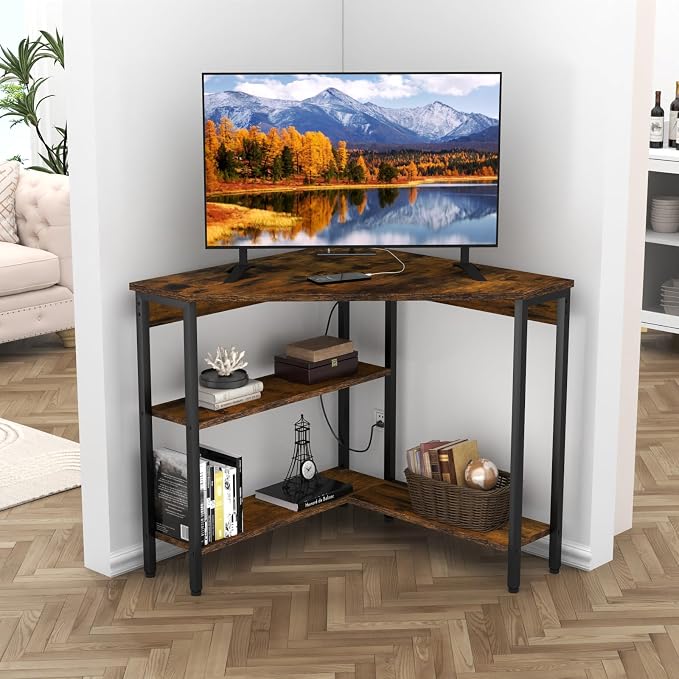 Auromie Corner Desk with Outlets & USB Ports, 90 Degree Triangle Corner Table with CPU Stand & Storage Shelves for Small Space, Computer Table with Charging Station for Home Office Bedroom (Rustic)