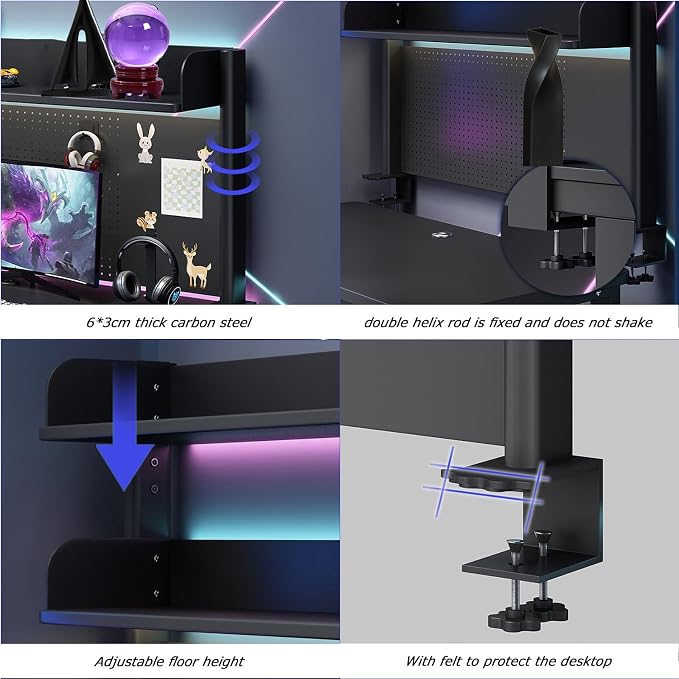 Clamp On Desk Organizer Shelf, BLACK Desk Extender Pegboard Workstation,Computer Desk Accessories for Office, Privacy Panel for Gaming Desk,23.6/31.4/39.3in Desktop Shelving (BLACK, 60cm/23.6in)