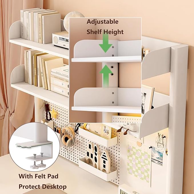 Clamp On Desk Organizer Shelf, White Desktop Bookshelf Storage Shelves with Pegboard Desktop Shelving System for Home Office Dorm Gaming Desk (80cm/31.4in)