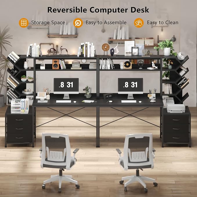 YOMILUVE Reversible Computer Desk with Hutch, Home Office Desk with Drawers and Bookshelf, 52'' Study Writing Desk with Storage Shelves for Bedroom Home Office, Black