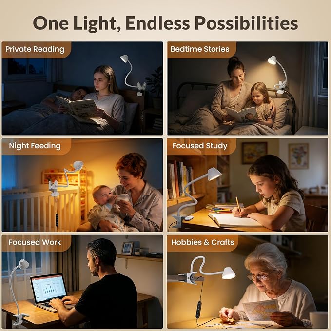 LEPOWER Clip on Light, Reading Lights for Books in Bed with 5 Colors & Stepless Dimming, RG0 Eye-Care, Auto Timer & Night Light, Strong Clamp for Headboard, Bedside, Desk, White