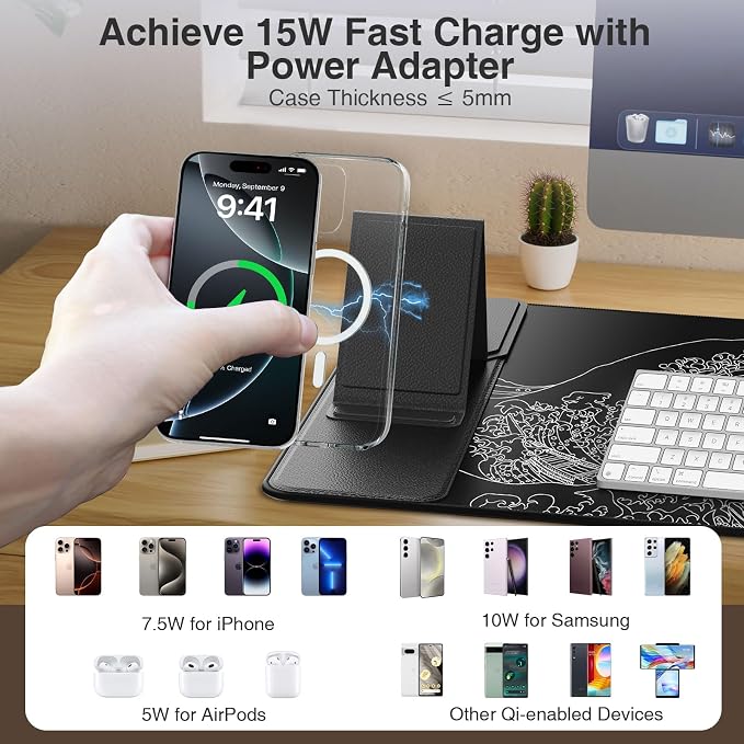 Wireless Charging Mouse Pad with Foldable Phone Holder, 31.5"x15.8" Large Desk Mat for Laptop/Keyboard, Waterproof Ultra-Smooth Surface, Non-Slip Base, Black Wave
