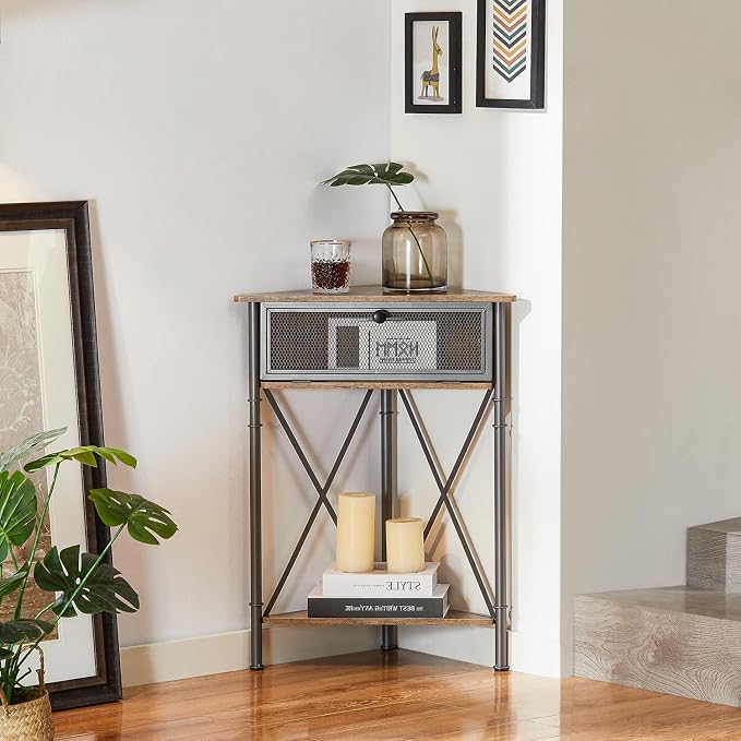 VECELO 3-Tier Corner Table,Mesh Door Cabinet and Open-Shelf,Corner Shelf Stand,Metal Frame Storage Shelf Organizer Display Shelves for Bedroom,Lobby Corner,Living Room,Kitchen,Bathroom