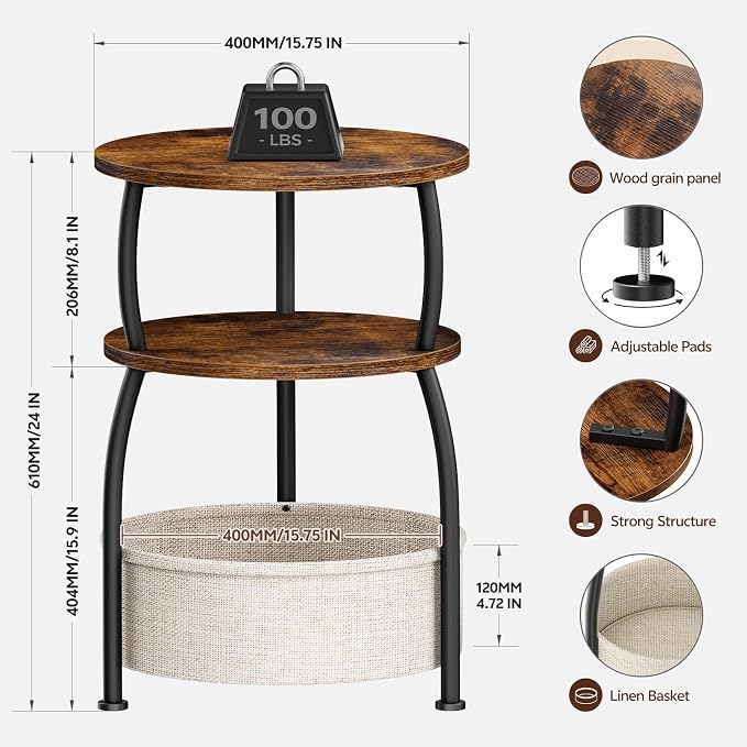 Round Side Table with Storage Basket, 15.75in Small Space Saving End Table 3-Tier Bedside Corner Table for Living Room, Bedroom, Garden, Sofa Side Table