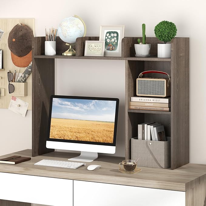 Desktop Bookshelf, 3-Tier Desk Organizer Shelves with 5 Display Rack, Countertop Storage Bookcase for Computer Desk, Desk Hutch Shelf for Top of Desk, Dorm, Home, Office (Grey)