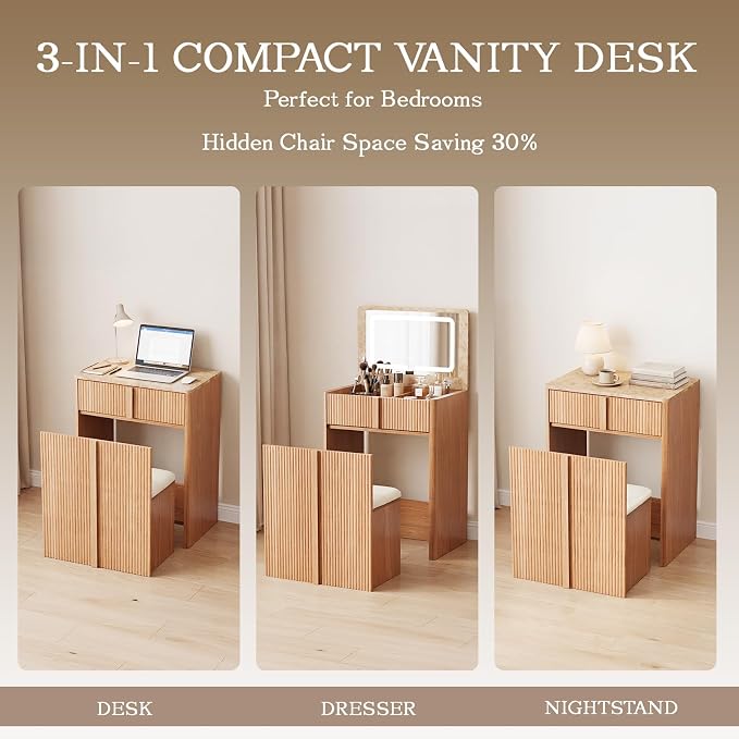 3-in-1 Small Vanity Desk with Drawers & Stool, Space Saving Makeup Vanity Dresser Set with Ample Leg Room, Sturdy 24" Nightstand with Mirror Bedside Table Combo for Bedroom Small Space,Natural