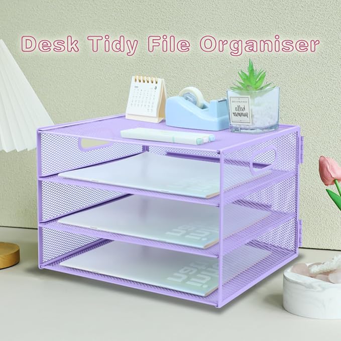 3 Tier Lettrer Tray Organizer, Metal Mesh Desk File Organizer with Sliding Trays, Paper Sorter Desk Organizer for Home Office School, Purple