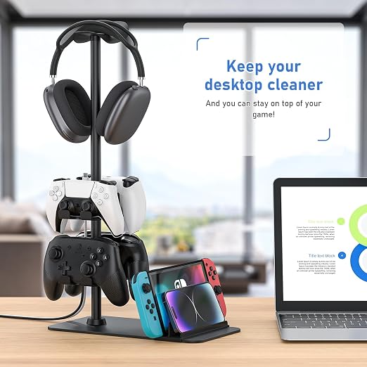 MANMUVIMO Headset Stand Controller Holder for 1 Headset and 4 Controller, Headphone Game Controller Stand for Desk, Gamer Gifts, Organizer Rack for iPad/Mobile Phone, Gaming Room Accessories