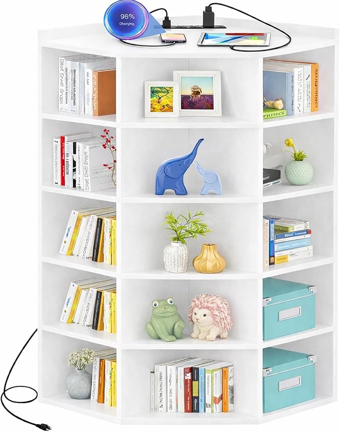 Aheaplus 6-Tier Corner Cube Bookshelf with Power Outlets, Wooden Corner Storage Cabinet with 15 Cubes, Corner Cube Organizer Shelf with Top Table, L Shaped Cubby Bookcase for Home Office, White