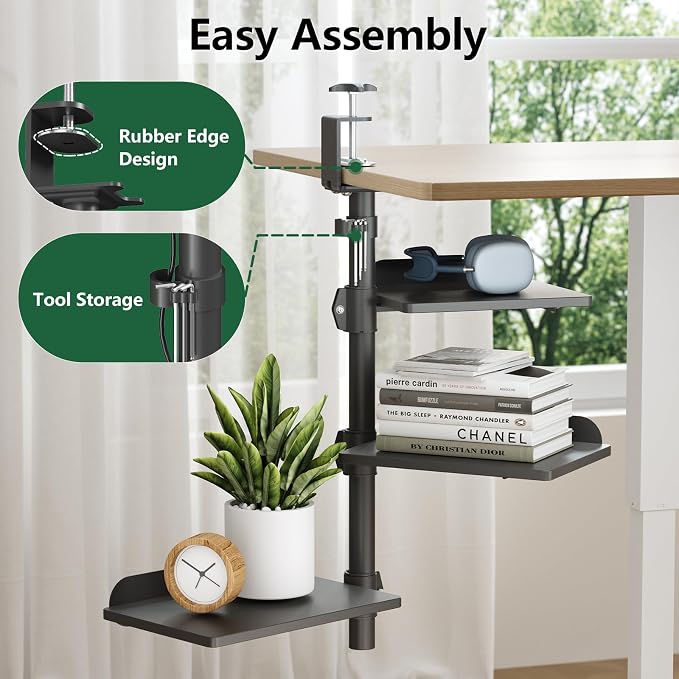 3 Tier Clamp-on Desk Shelf Height Adjustable, 360° Rotatable Desktop Storage Tray with Baffle, Over or Under Desk Organizer Shelf for Office Accessories, Black