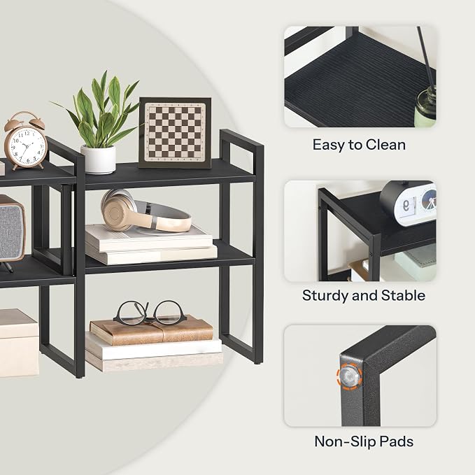 HOOBRO Desk Shelf Organizer, Adjustable Desktop Bookshelf, 2-Tier Shelf for Top of Desk, Wooden Office Storage Rack, for Office, Study, Kitchen, Dorm, Black BB39SJ01