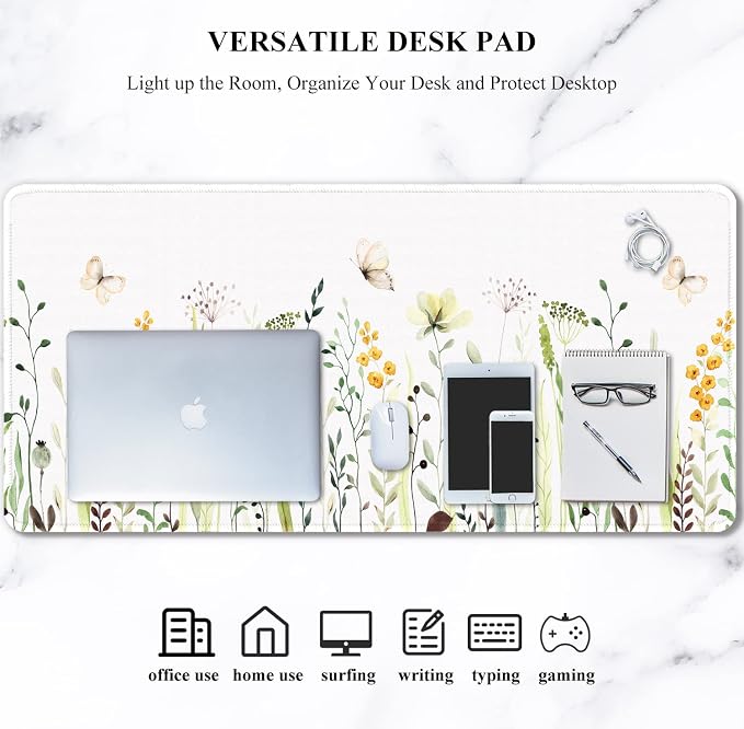 Auhoahsil Desk Pad, XXL Large Mouse Pad, Extended Gaming Mousepad, Cute Desk Mat for Women, Big Office Accessories Mouse Pad for Computer Keyboard and Laptop, 35.6" x 15.7", White Wildflower Butterfly