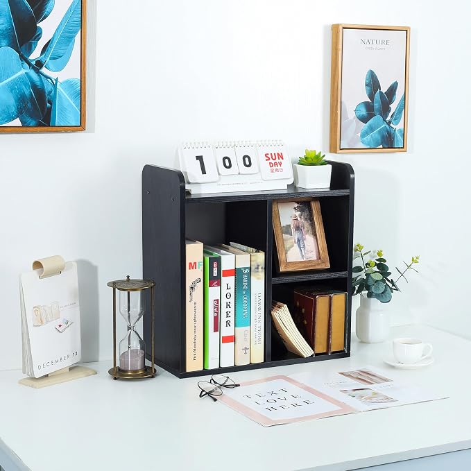 TQVAI Wood Desktop Bookshelf, 3 Cube Storage Unit Multipurpose Open Storage Shelves for Books, Office Supplies, Plants and Decor, Freestanding Desk Shelf Organizer for Office Home Study Room, Black