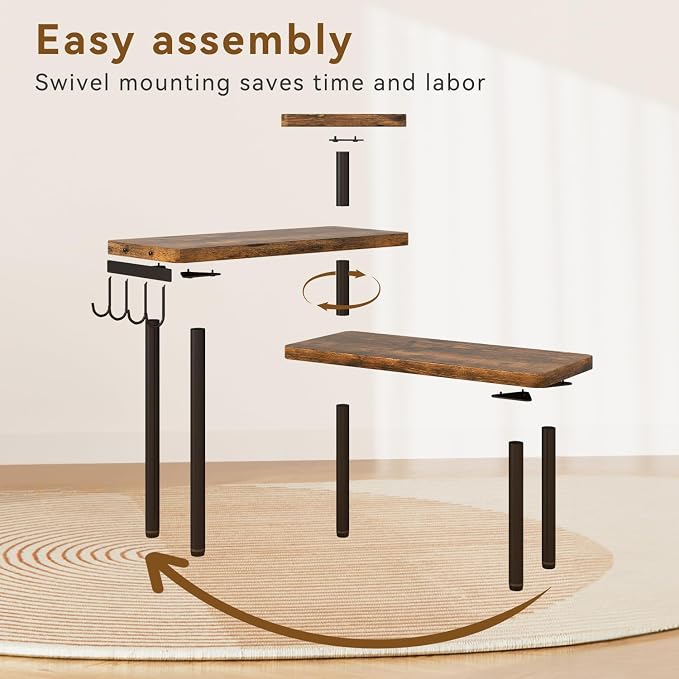 IBUYKE Kitchen Countertop Organizer,3-Tier Wooden Spice Racks,Bathroom Counter Organizer,Rotating Adjustable,4 Side Hooks,Corner Shelf for Kitchen,Coffee Bar, Cabinet, Desk,Rustic Brown,TLJ023H