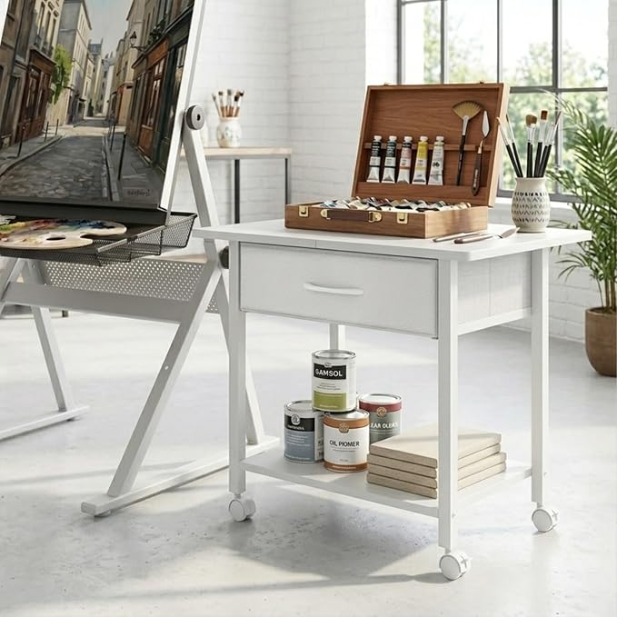 22" x 15" Under Desk Rolling Printer Stand, 2-Tier Industrial Mobile Printer Table with Strong Fabric Drawer, Storage Shelf, Steel Frame and Lockable Wheels, Printer Cart for Home Office (White)