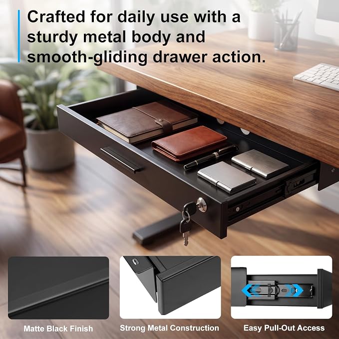 Menkxi 24'' x 9'' Under Desk Drawer Slide Out Storage Organizer, Lockable Metal Desk Drawer for Laptop and Office Accessories, Large Hidden Under Table Storage Box with Cable Management, Black