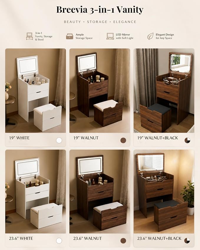 Small Vanity with Mirror and Lights for Small Space, 3-in-1 Compact Makeup Vanity Desk with Storage, Flip Top Vanity Table with Hidden Stool, 3 Color Mode, Drawers & Jewelry Organizer, Mini Vanity Set