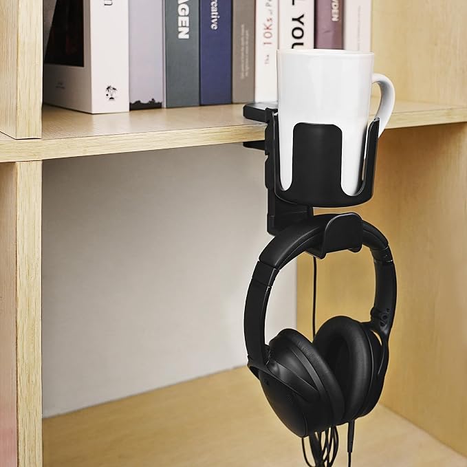 GEEKRIA 2 in 1 Headphone Hanger&Desk Cup Holder, Under Desk Clamp Rotatable Headset Compatible with Sennheiser, Bose, Beats, Razer, HyperX, Sony, Suitable for Coffee Mugs, Water Cups (Black)