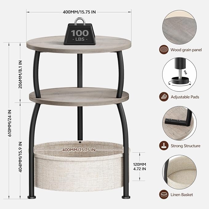 Small Side Table with Storage, 15.75in Round End Table with Basket, USB Port and Outlet, 3 Tiers Sofa Couch Table Bedside Table for Living Room Bedroom, Small Spaces, Greuge