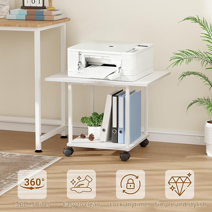 BEWISHOME 2-Tier Industrial Mobile Printer Stand, Rolling Cart with Storage Shelf, Lockable Wheels, for Home, Office (White) BDZ01W