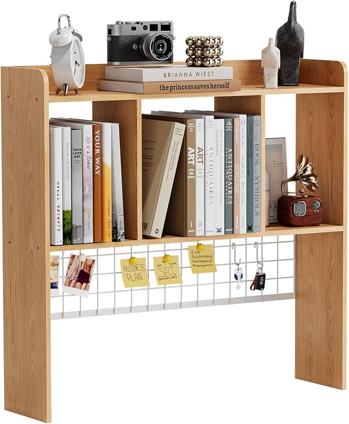 Desktop Bookshelf,Countertop Storage Hutch with 3 Shelves for Computer Desk,2-Tier Display Rack with Grid Panel, Multipurpose Wood Desk Hutch Storage Organizer for Home Office Dorm (Natural)