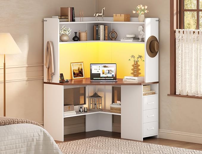 SEDETA 31.5" Corner Desk for Small Space, Farmhouse Small Corner Desk with Hutch & 3 Drawers, Corner Computer Desk with Storage Shelves & LED Lights for Home Office, White + Brown